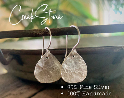 Creek Stone Earrings - Handmade. Brushed fine and sterling silver dangle earrings