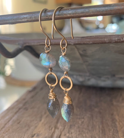 NEW - ONE of a KIND Labradorite 14kt Goldfill Handmade Dangle Earrings