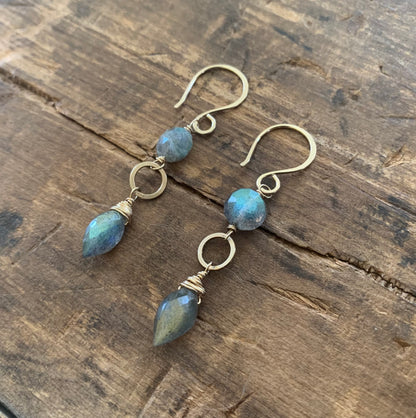 NEW - ONE of a KIND Labradorite 14kt Goldfill Handmade Dangle Earrings