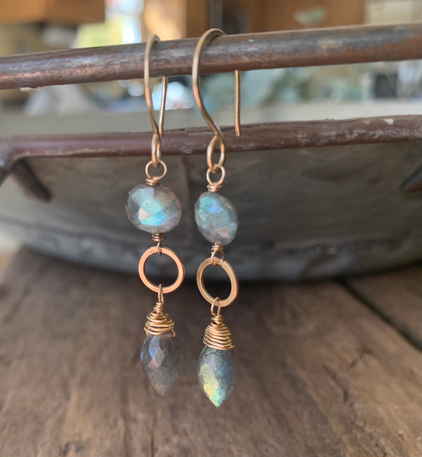 NEW - ONE of a KIND Labradorite 14kt Goldfill Handmade Dangle Earrings