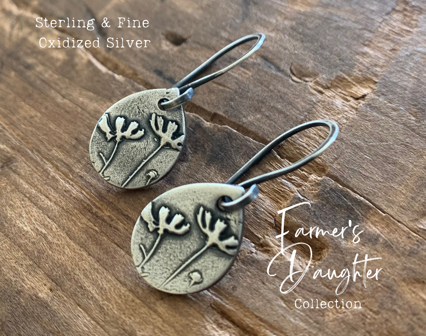 Farmer's Daughter Collection Earrings - Field. Handmade. Oxidized fine and sterling silver dangle earrings