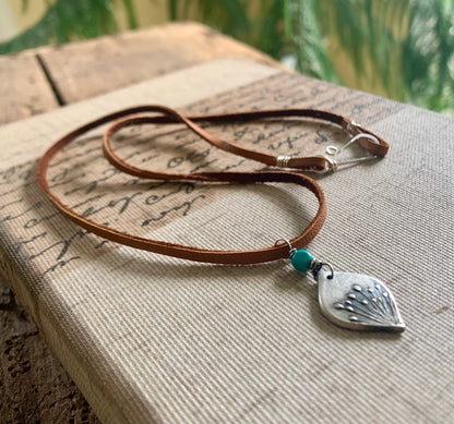 NEW Nelipot Necklace - Fine & Sterling Silver. Turquoise. Leather. Handmade. Botanical Pendant