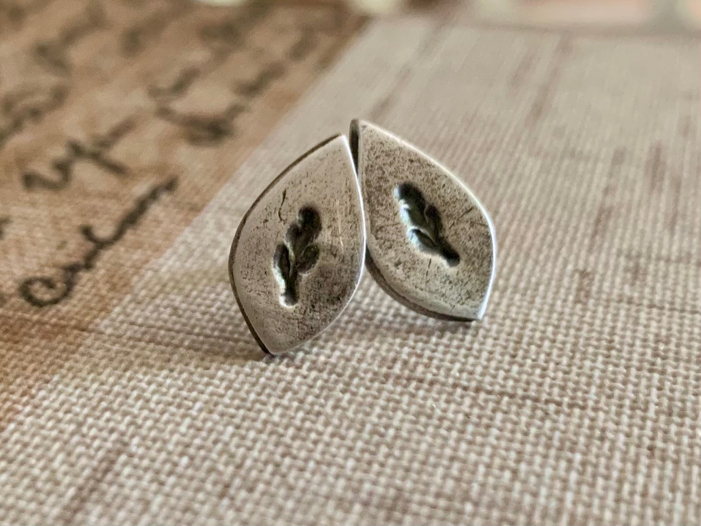 Botanical Stud Earrings- Leaves - Oxidized Sterling and Fine Silver Post Earrings. Handmad