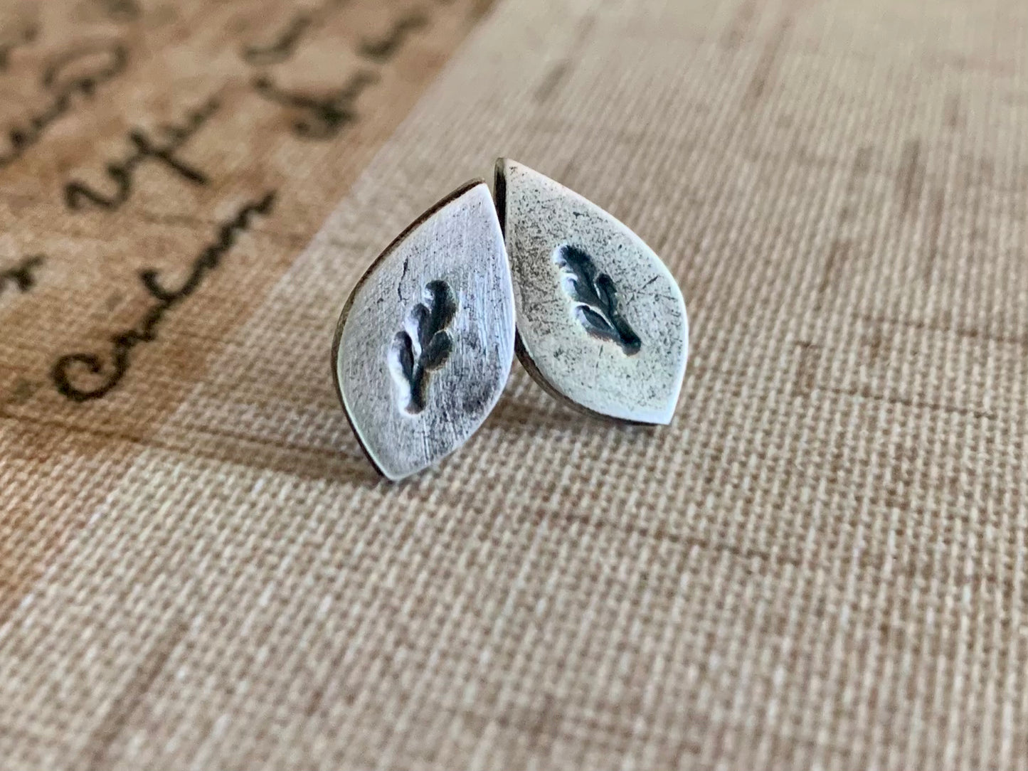 Botanical Stud Earrings- Leaves - Oxidized Sterling and Fine Silver Post Earrings. Handmad