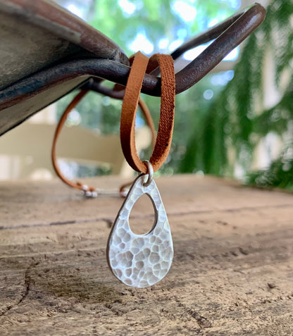 Minutiae Necklace - Fine & Sterling Silver. Leather. Handmade. Hammered Tear Drop Pendant