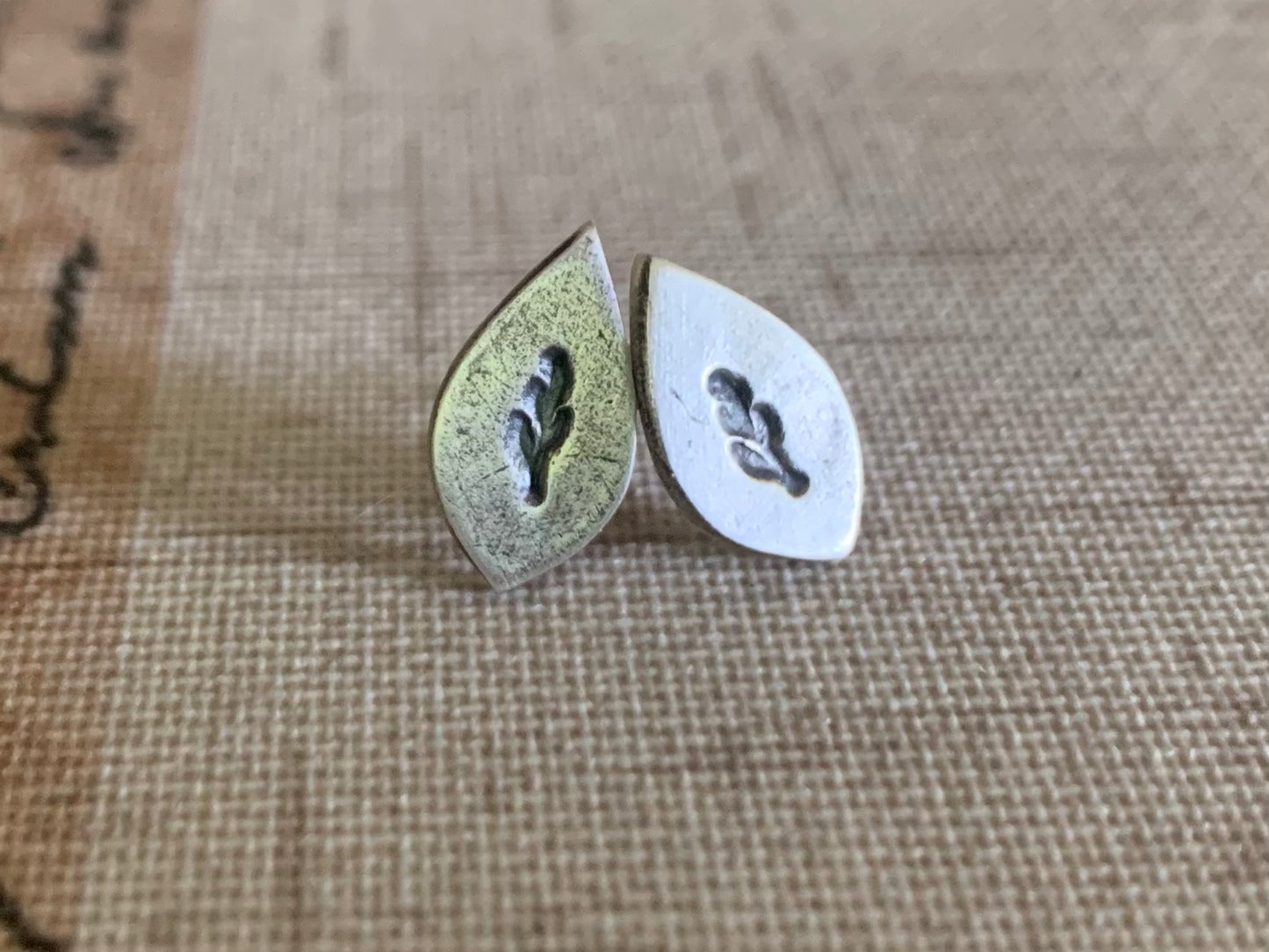 Botanical Stud Earrings- Leaves - Oxidized Sterling and Fine Silver Post Earrings. Handmad