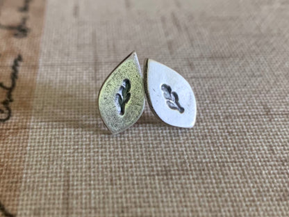 Botanical Stud Earrings- Leaves - Oxidized Sterling and Fine Silver Post Earrings. Handmad