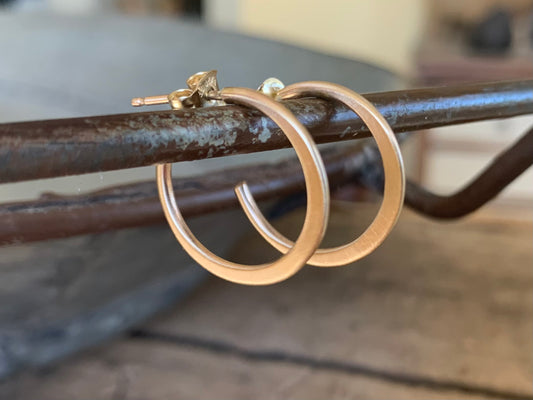 Satin Hoops Thick Gauge Post in 14kt Yellow or Rose Goldfill- Choice of 7 sizes. Handmade. Hammered.