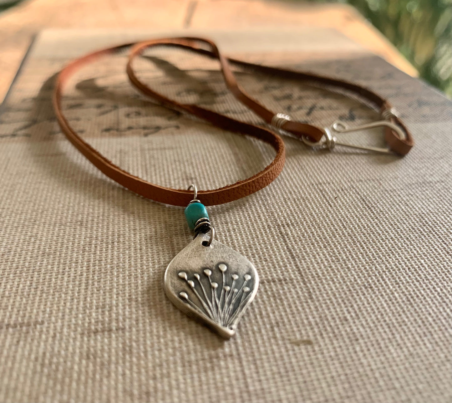 NEW Nelipot Necklace - Fine & Sterling Silver. Turquoise. Leather. Handmade. Botanical Pendant