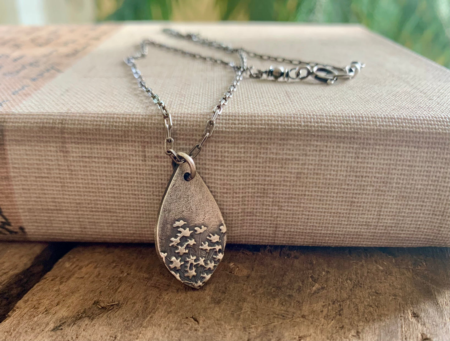 Queen Ann's Lace Necklace - Handmade. Oxidized Fine and Sterling Silver Botanical Pendant Necklace