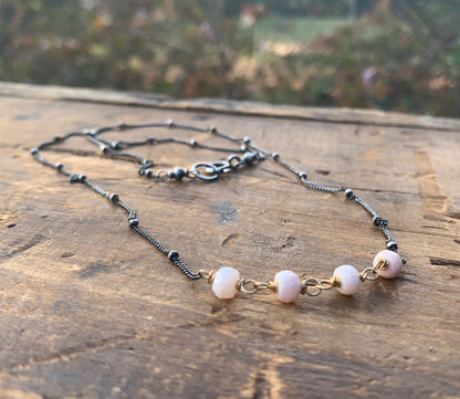 Miscible Collection Necklace - Handmade. Pink Opal. 18" Oxidized Sterling silver. 14kt Goldfill. Mixed Metal Necklace