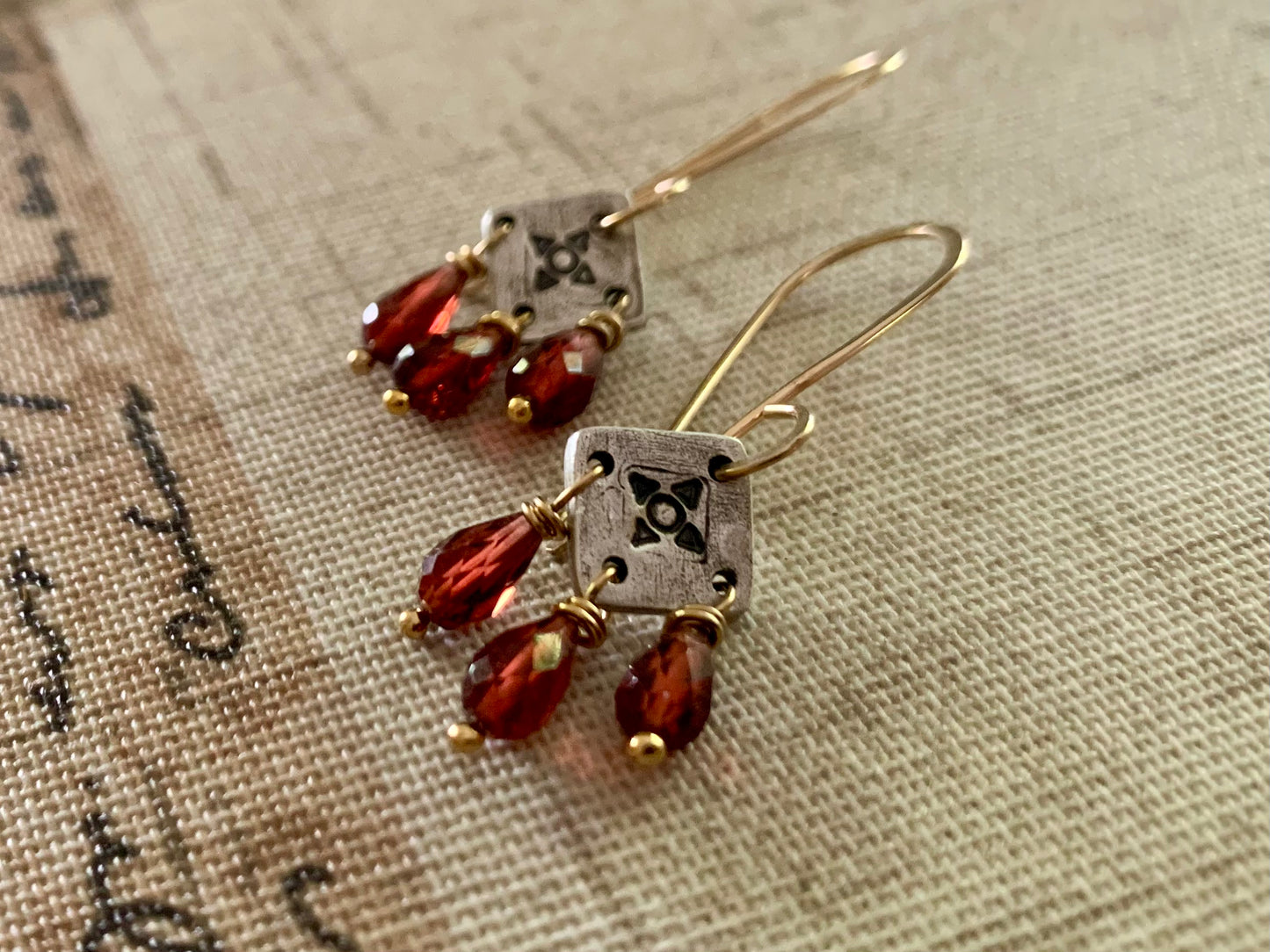 Traveler Earrings - Handmade. Mixed Metal. Garnet. Oxidized Fine Silver &14kt Goldfill dangle earrings. January Birthstone