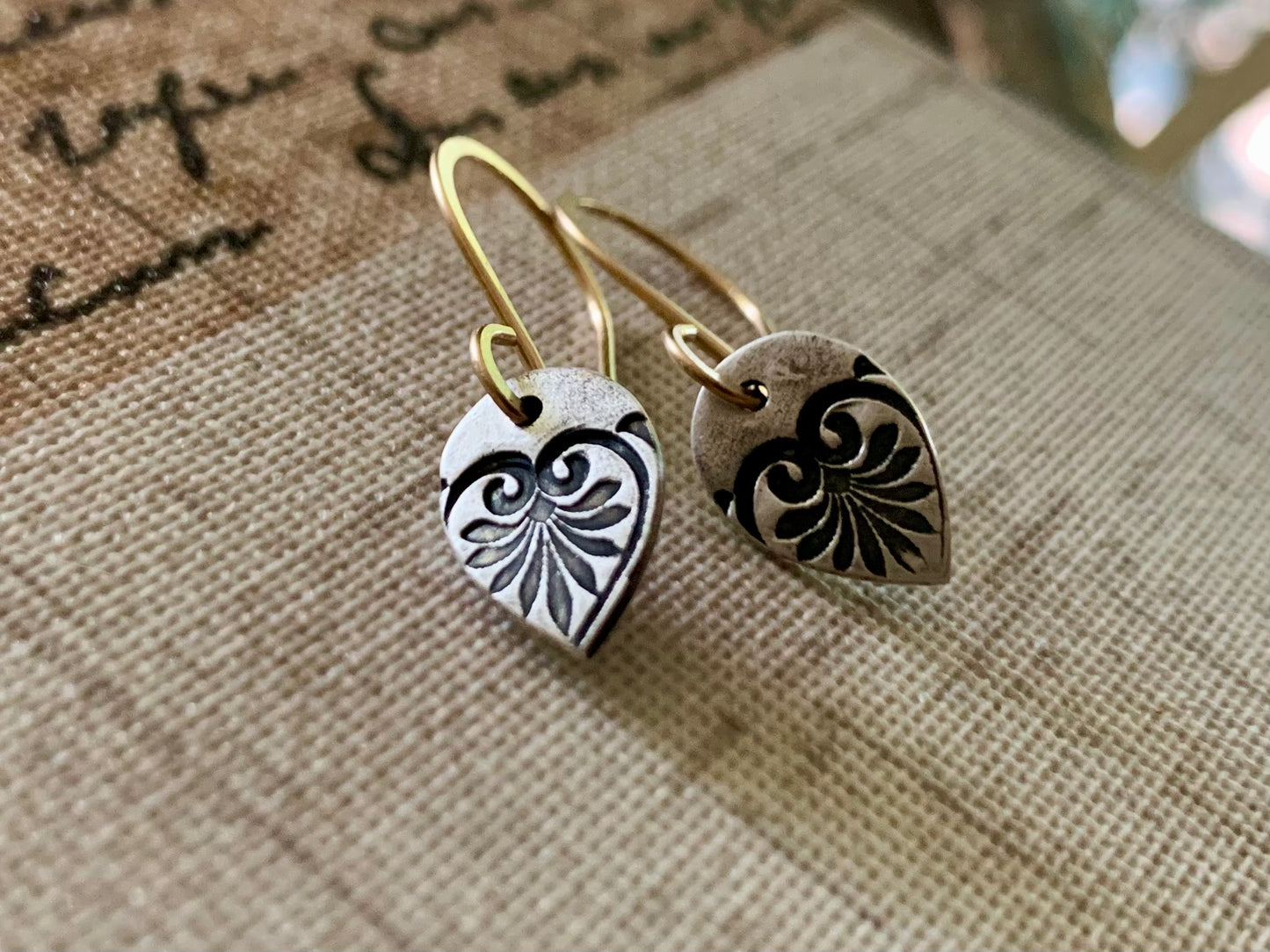 French Quarter Earrings - Leaf - Oxidized fine silver. 14kt Goldfill. Mixed Metal. Handmade