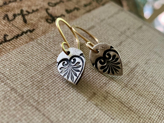 French Quarter Earrings - Leaf - Oxidized fine silver. 14kt Goldfill. Mixed Metal. Handmade