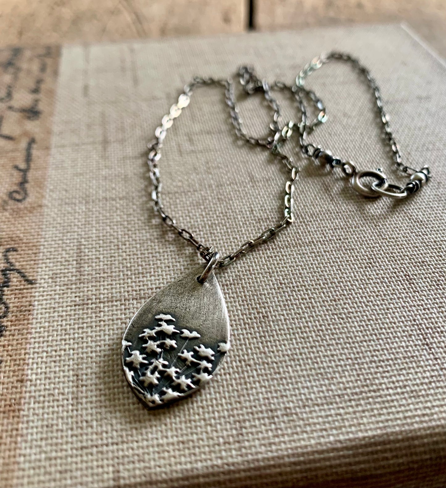 Queen Ann's Lace Necklace - Handmade. Oxidized Fine and Sterling Silver Botanical Pendant Necklace