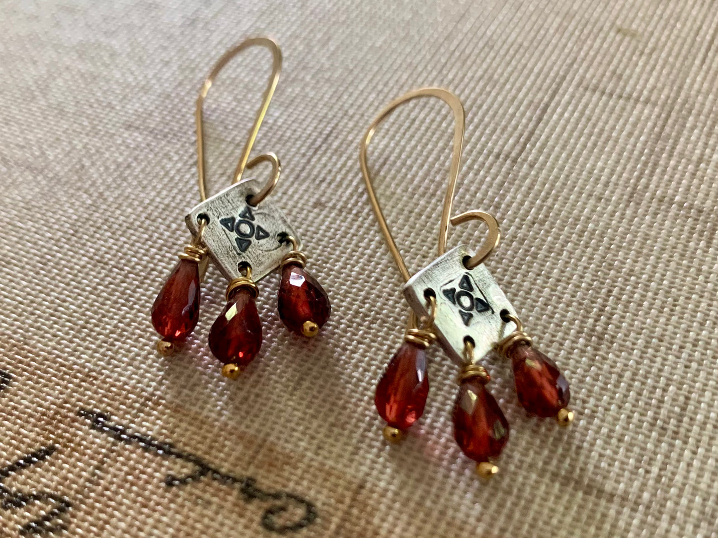 Traveler Earrings - Handmade. Mixed Metal. Garnet. Oxidized Fine Silver &14kt Goldfill dangle earrings. January Birthstone