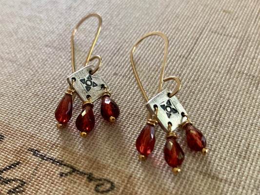 Traveler Earrings - Handmade. Mixed Metal. Garnet. Oxidized Fine Silver &14kt Goldfill dangle earrings. January Birthstone
