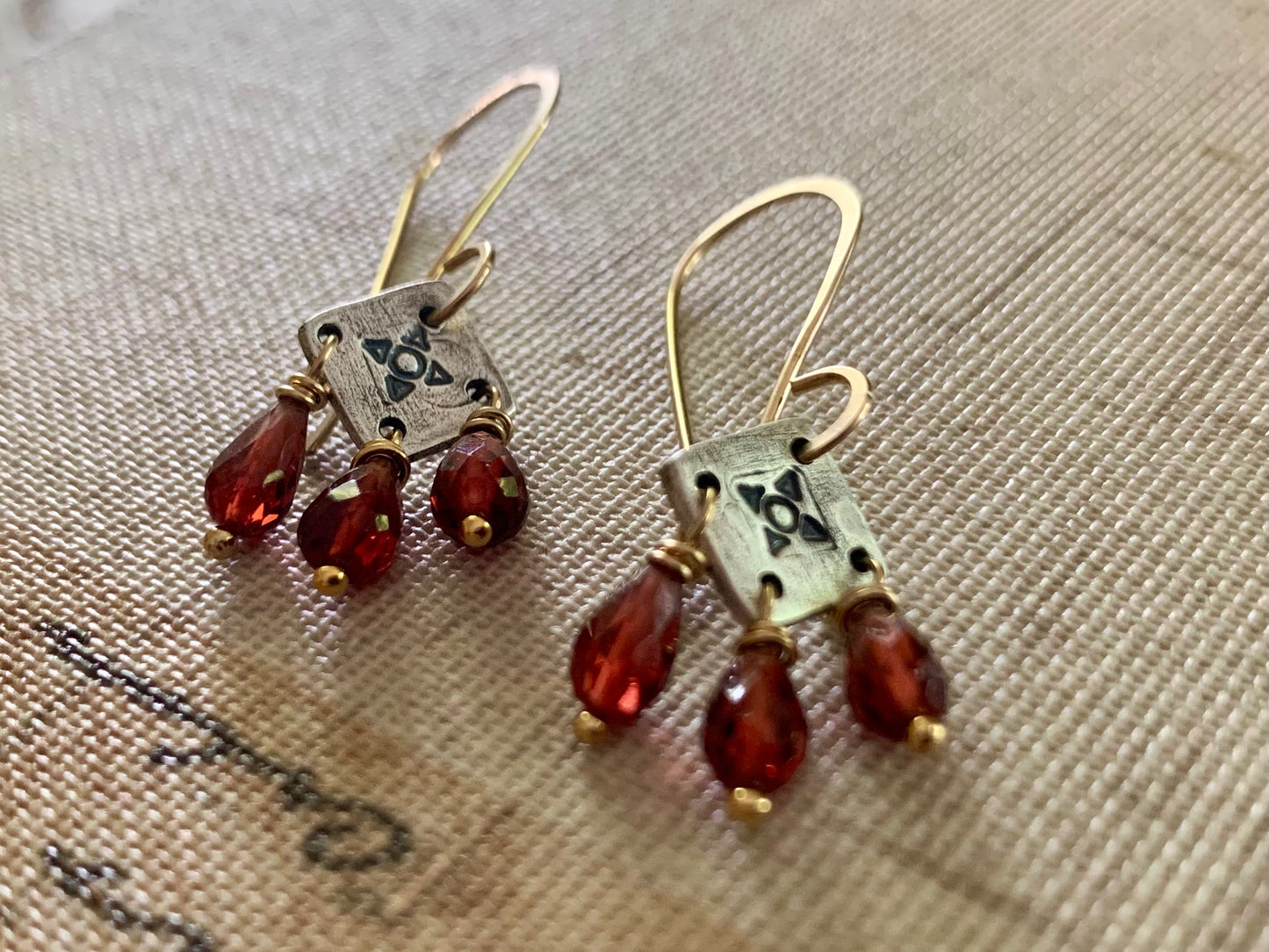 Traveler Earrings - Handmade. Mixed Metal. Garnet. Oxidized Fine Silver &14kt Goldfill dangle earrings. January Birthstone