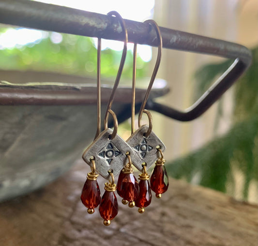 Traveler Earrings - Handmade. Mixed Metal. Garnet. Oxidized Fine Silver &14kt Goldfill dangle earrings. January Birthstone