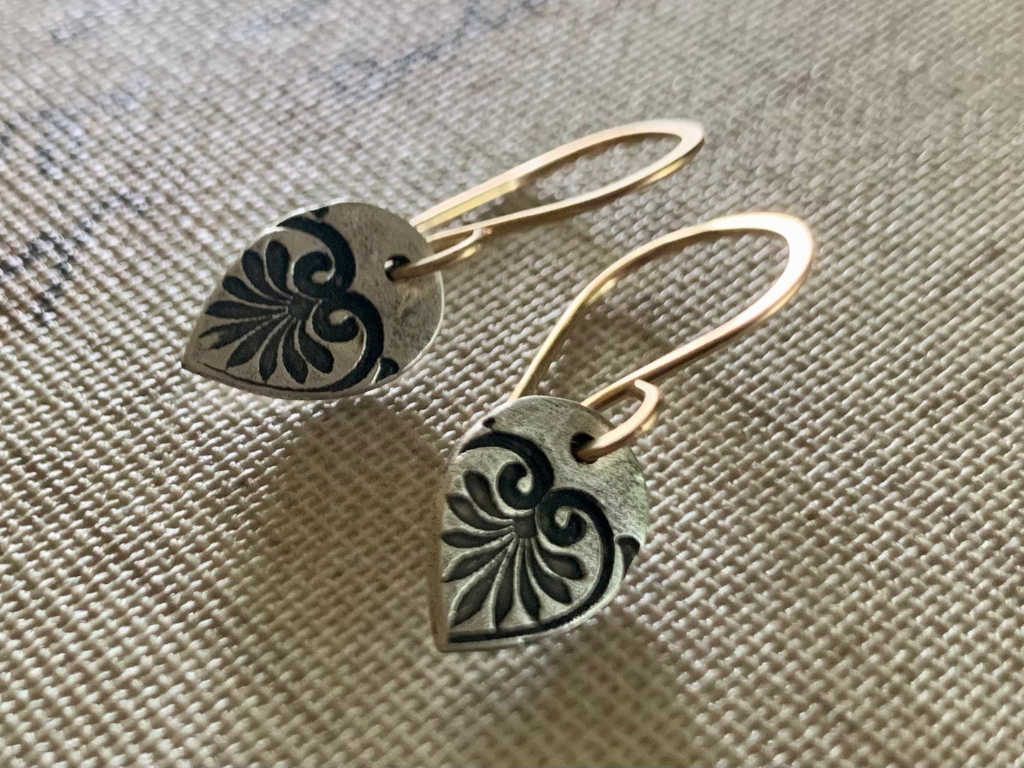 French Quarter Earrings - Leaf - Oxidized fine silver. 14kt Goldfill. Mixed Metal. Handmade