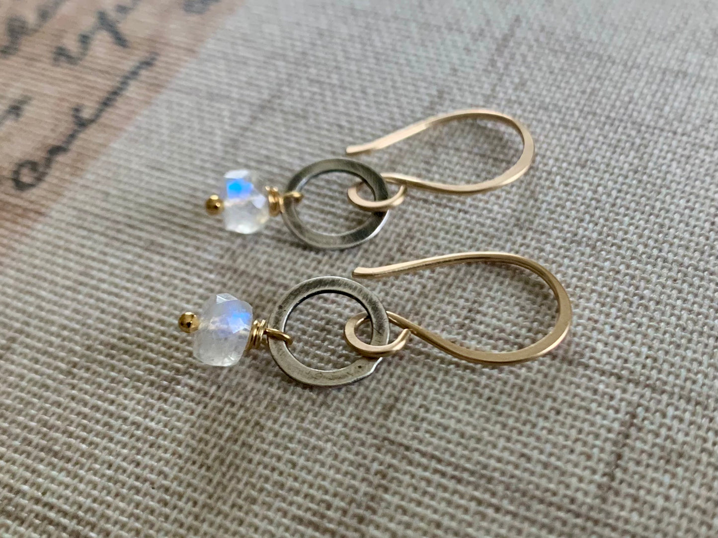 Twinkle Earrings Wonderland Collection - Handmade. Moonstone. 14kt Goldfill. Oxidized Sterling Silver