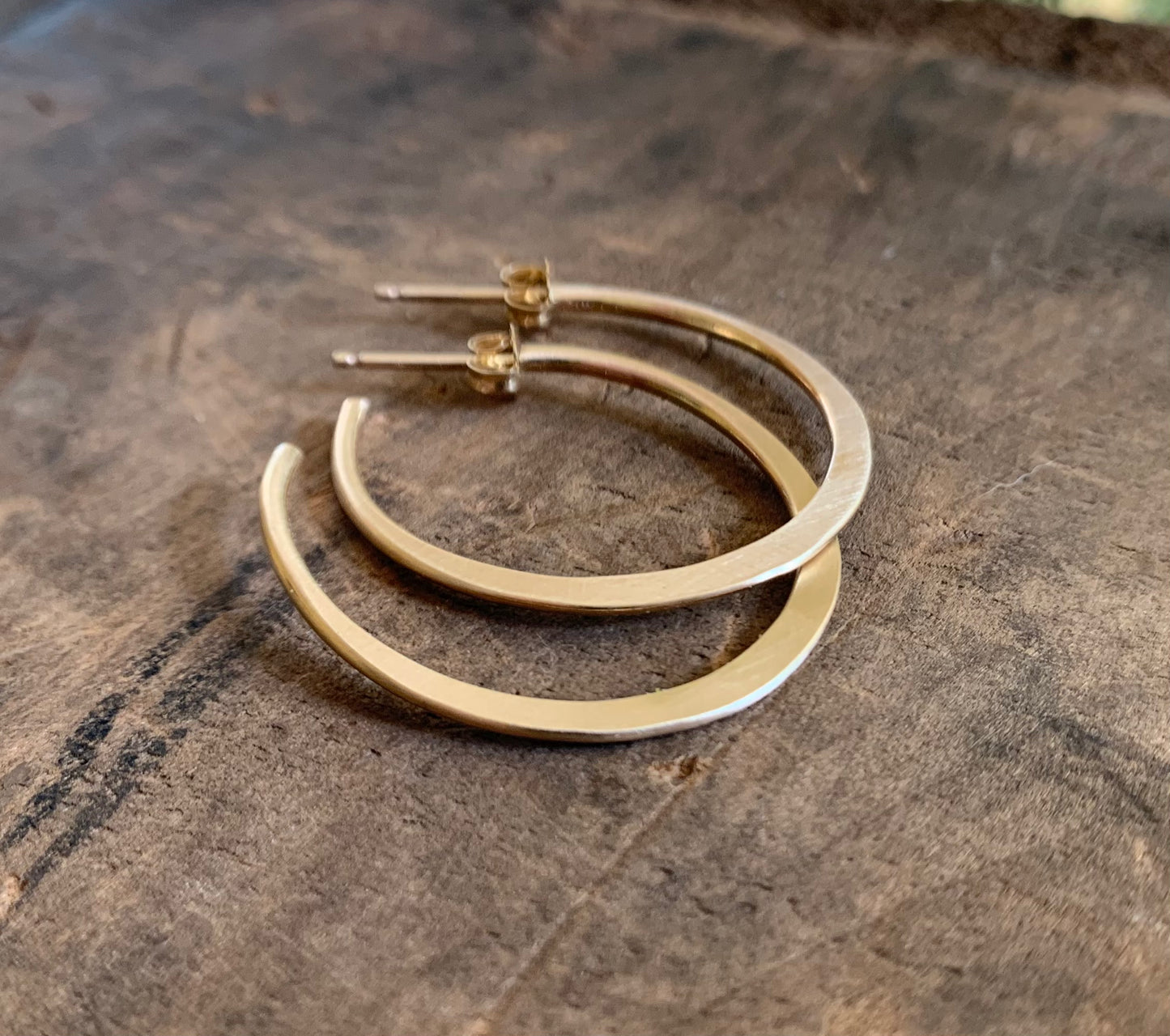 Satin Hoops Thick Gauge Post in 14kt Yellow or Rose Goldfill- Choice of 7 sizes. Handmade. Hammered.