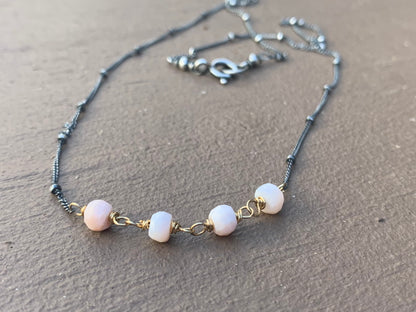 Miscible Collection Necklace - Handmade. Pink Opal. 18" Oxidized Sterling silver. 14kt Goldfill. Mixed Metal Necklace