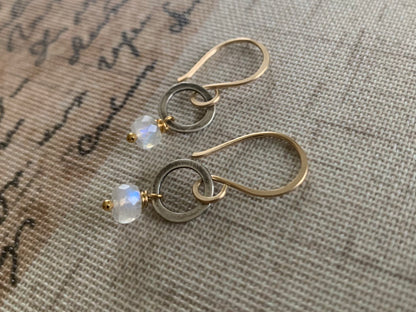 Twinkle Earrings Wonderland Collection - Handmade. Moonstone. 14kt Goldfill. Oxidized Sterling Silver