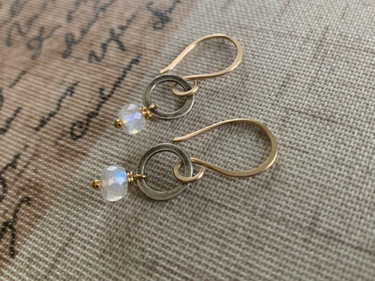 Twinkle Earrings Wonderland Collection - Handmade. Moonstone. 14kt Goldfill. Oxidized Sterling Silver