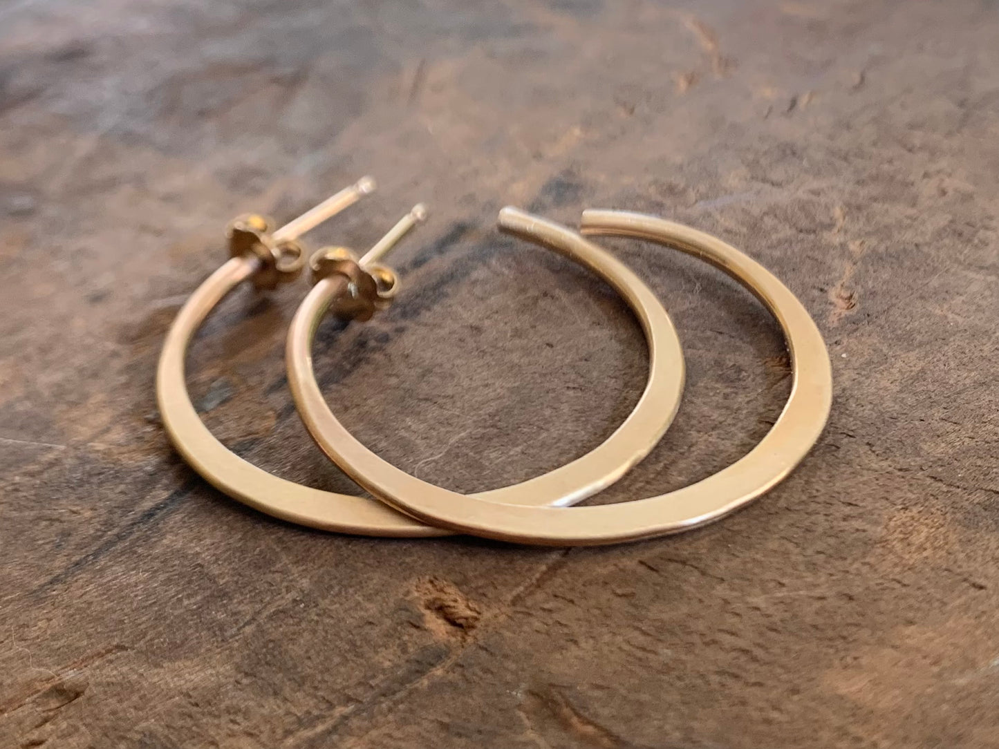 Satin Hoops Thick Gauge Post in 14kt Yellow or Rose Goldfill- Choice of 7 sizes. Handmade. Hammered.