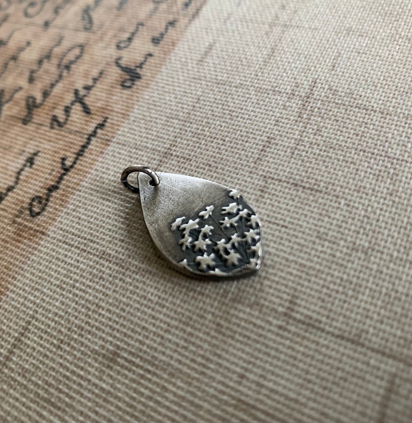Queen Ann's Lace Pendant - Handmade. Oxidized Fine Silver Tear Drop Botanical Pendant.