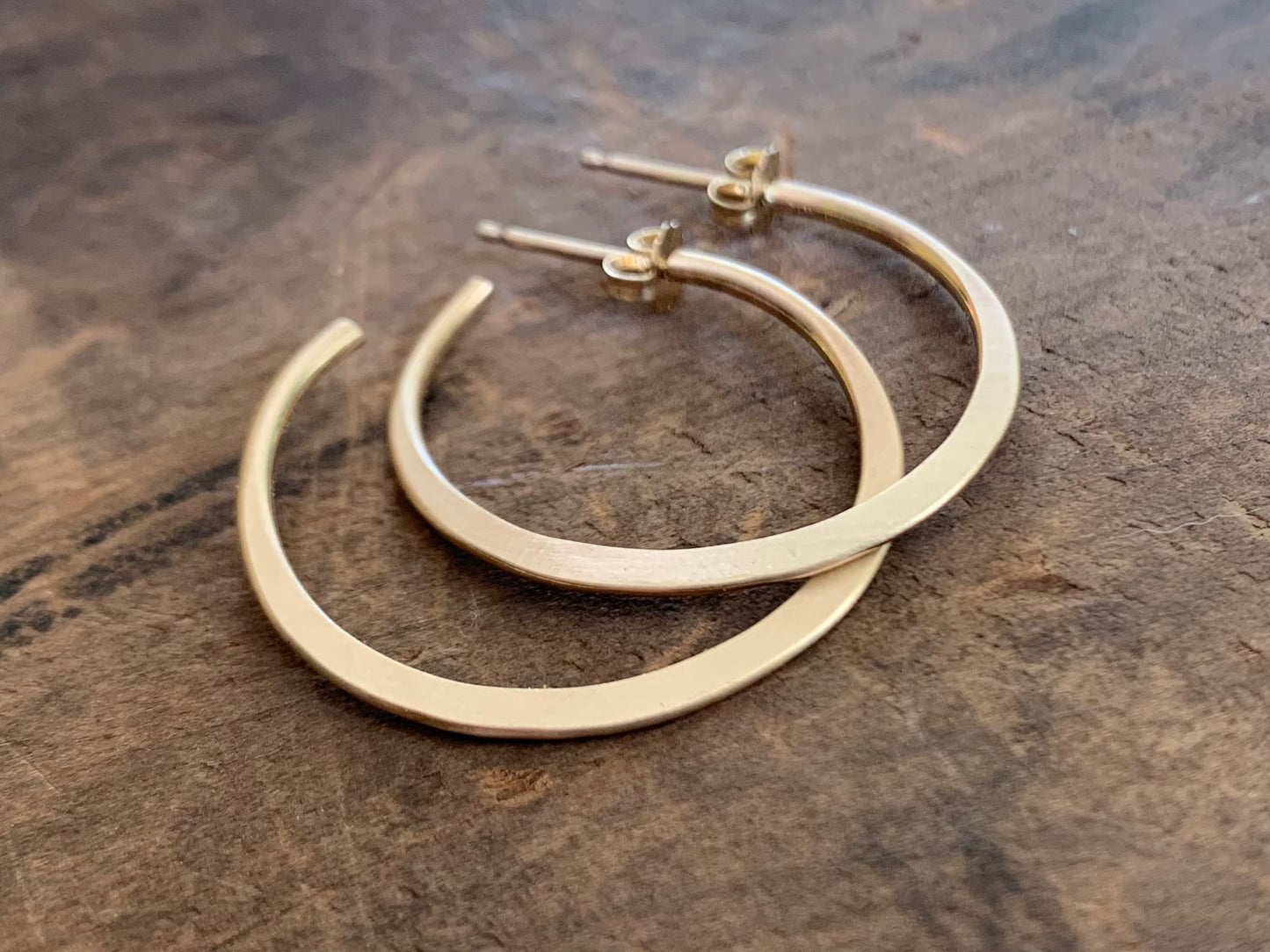 Satin Hoops Thick Gauge Post in 14kt Yellow or Rose Goldfill- Choice of 7 sizes. Handmade. Hammered.