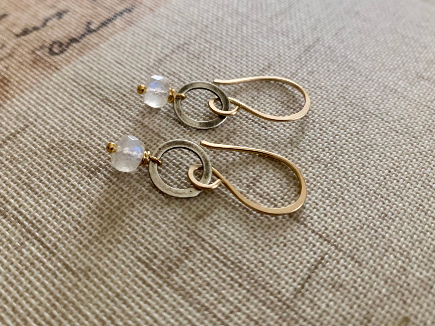 Twinkle Earrings Wonderland Collection - Handmade. Moonstone. 14kt Goldfill. Oxidized Sterling Silver