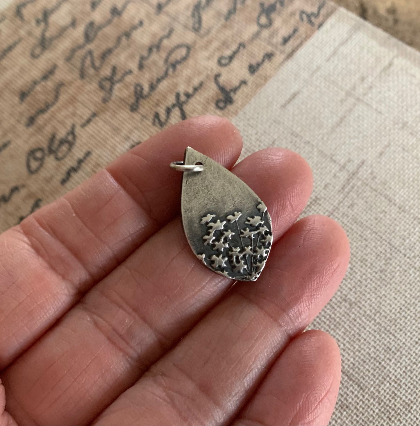 Queen Ann's Lace Pendant - Handmade. Oxidized Fine Silver Tear Drop Botanical Pendant.