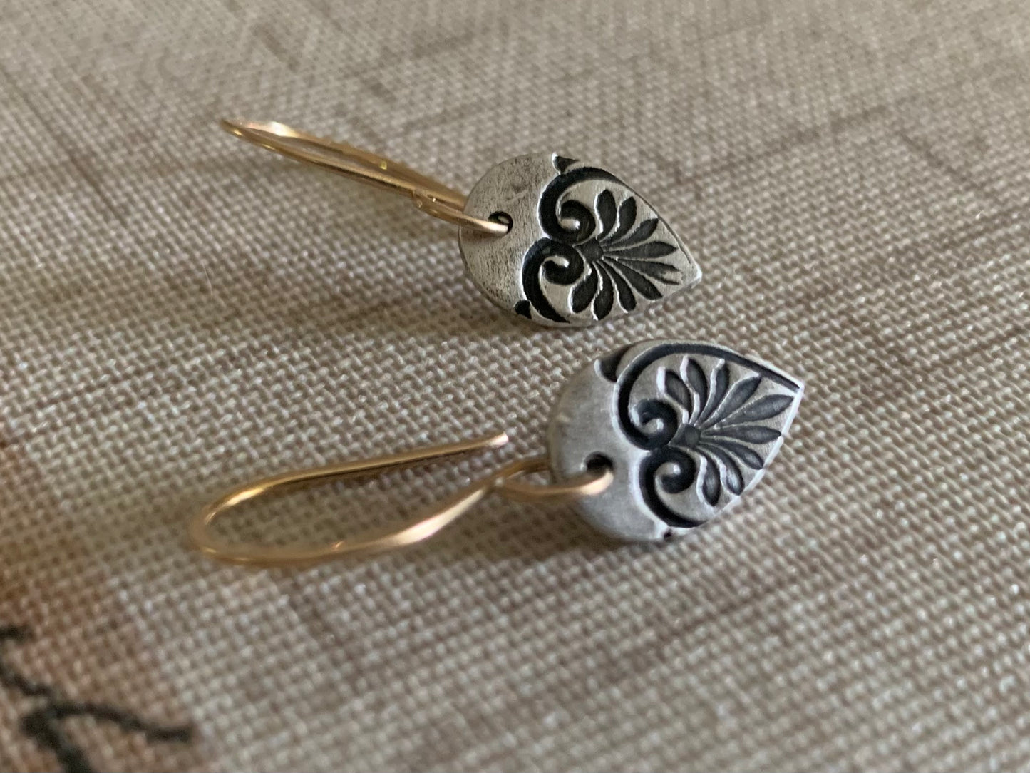 French Quarter Earrings - Leaf - Oxidized fine silver. 14kt Goldfill. Mixed Metal. Handmade