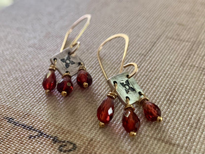 Traveler Earrings - Handmade. Mixed Metal. Garnet. Oxidized Fine Silver &14kt Goldfill dangle earrings. January Birthstone
