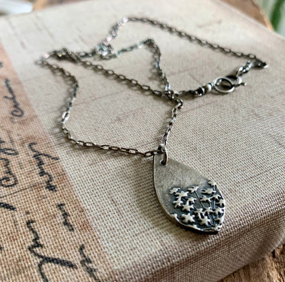 Queen Ann's Lace Necklace - Handmade. Oxidized Fine and Sterling Silver Botanical Pendant Necklace