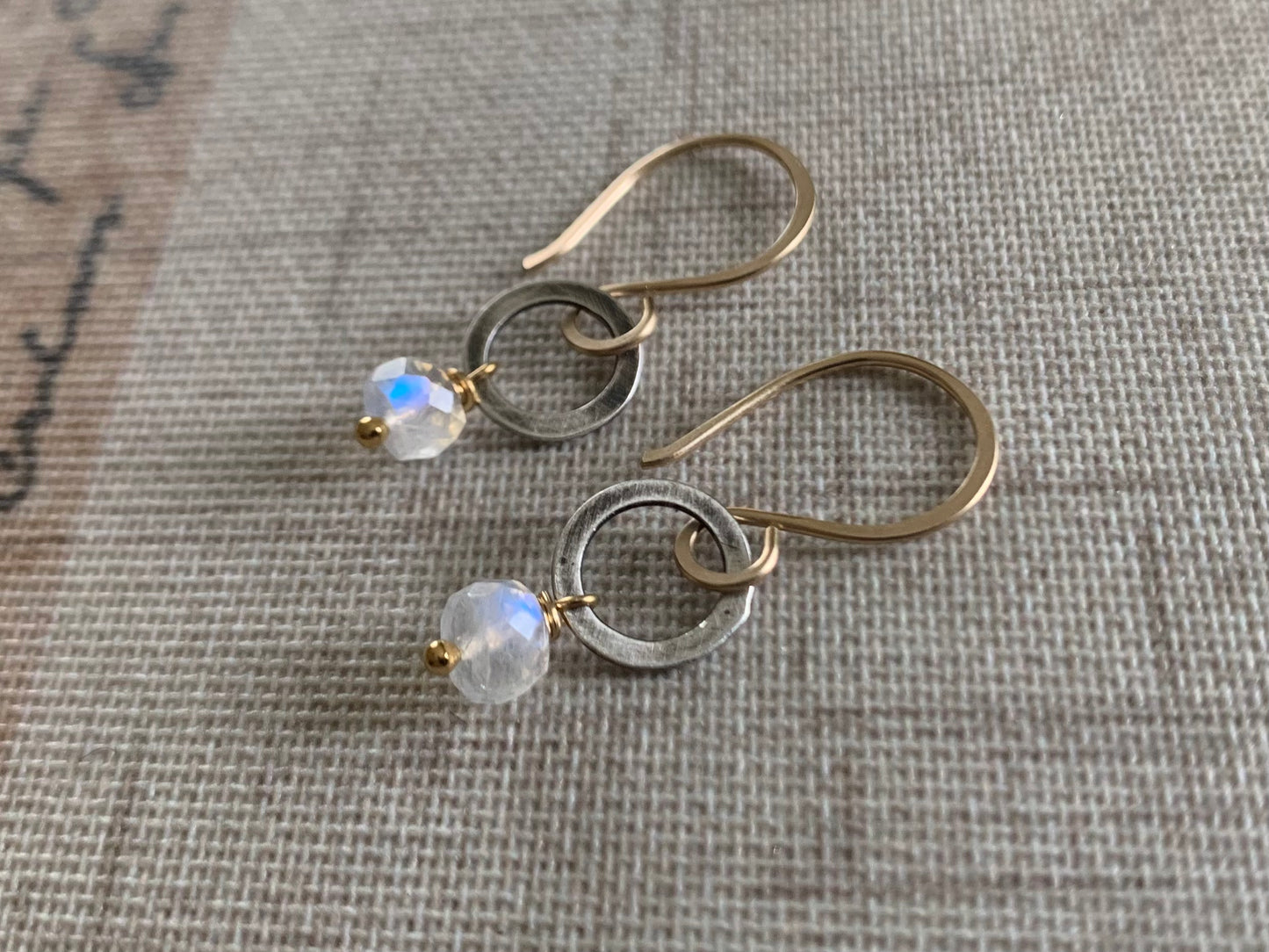 Twinkle Earrings Wonderland Collection - Handmade. Moonstone. 14kt Goldfill. Oxidized Sterling Silver