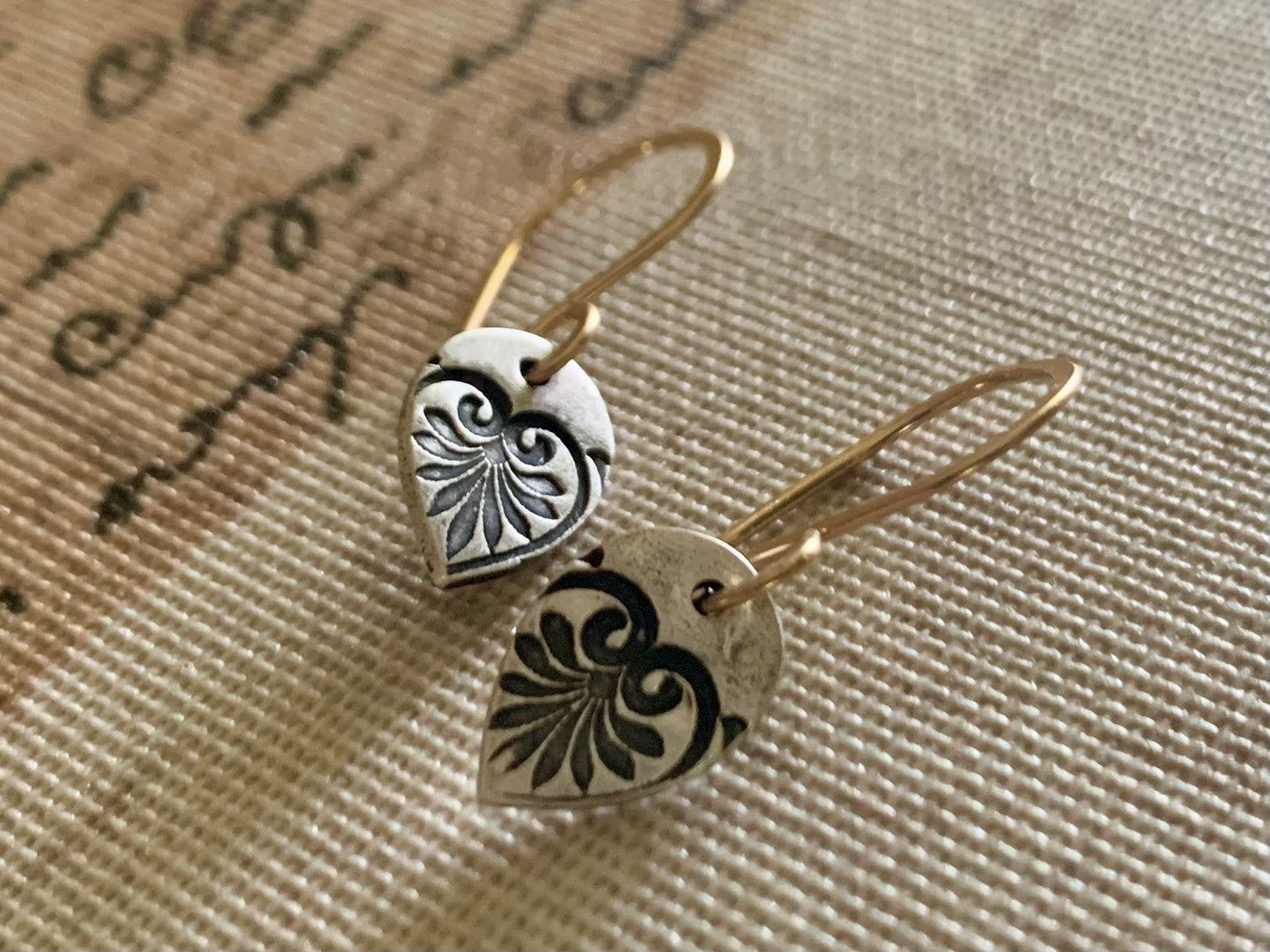 French Quarter Earrings - Leaf - Oxidized fine silver. 14kt Goldfill. Mixed Metal. Handmade