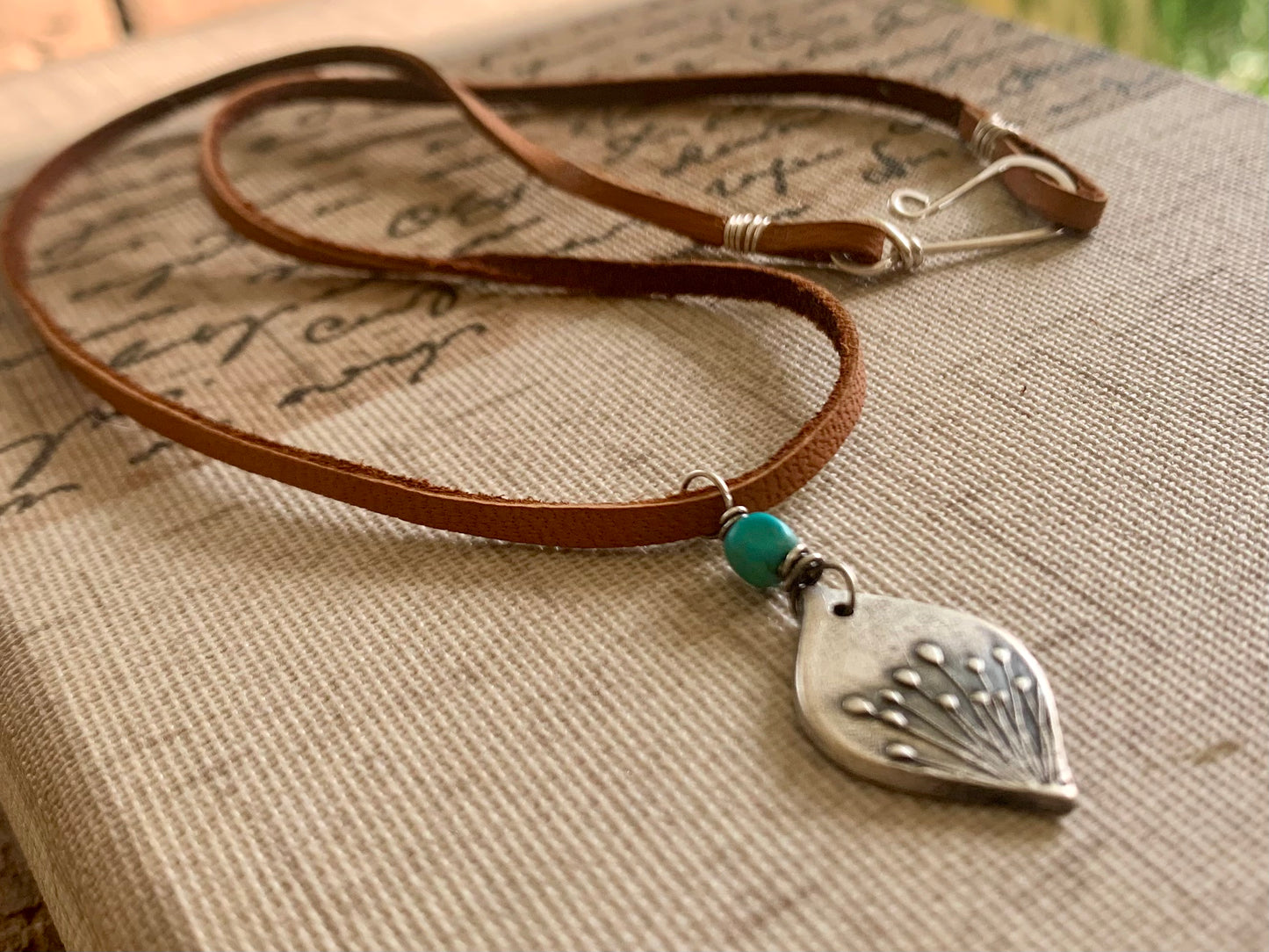 NEW Nelipot Necklace - Fine & Sterling Silver. Turquoise. Leather. Handmade. Botanical Pendant