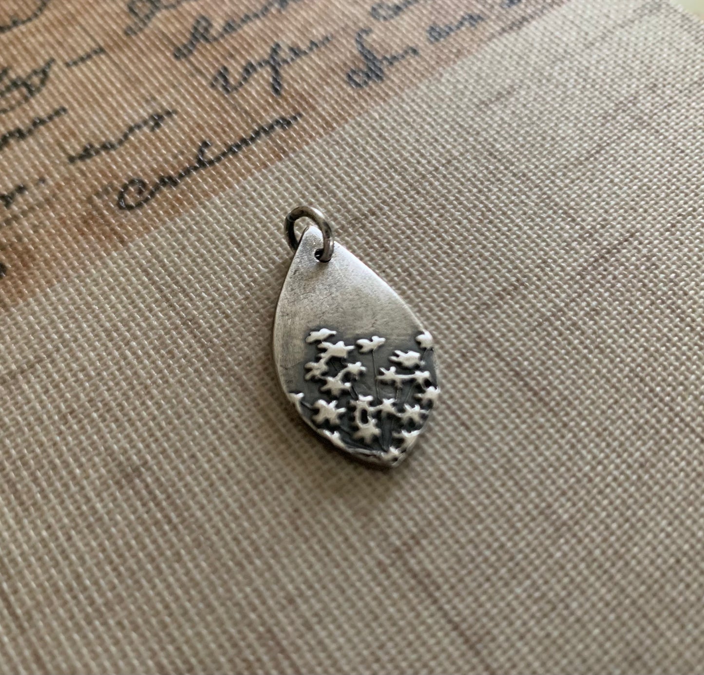 Queen Ann's Lace Pendant - Handmade. Oxidized Fine Silver Tear Drop Botanical Pendant.