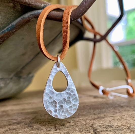 Minutiae Necklace - Fine & Sterling Silver. Leather. Handmade. Hammered Tear Drop Pendant