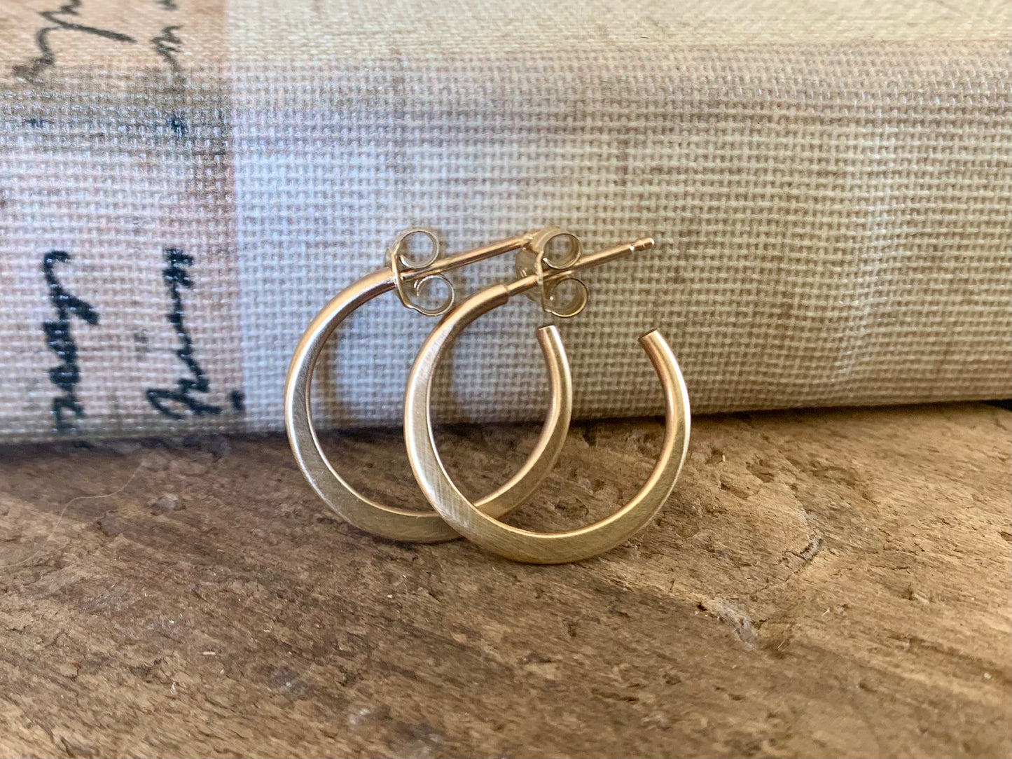 Satin Hoops Thick Gauge Post in 14kt Yellow or Rose Goldfill- Choice of 7 sizes. Handmade. Hammered.
