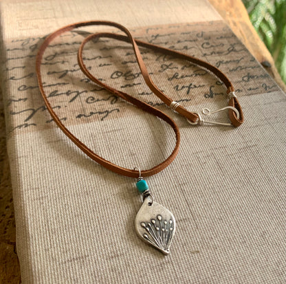 NEW Nelipot Necklace - Fine & Sterling Silver. Turquoise. Leather. Handmade. Botanical Pendant