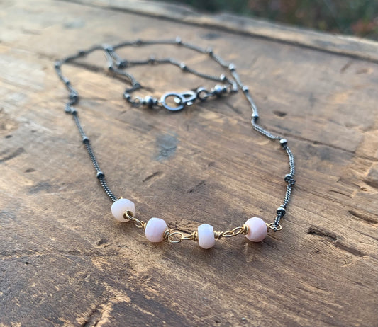 Miscible Collection Necklace - Handmade. Pink Opal. 18" Oxidized Sterling silver. 14kt Goldfill. Mixed Metal Necklace