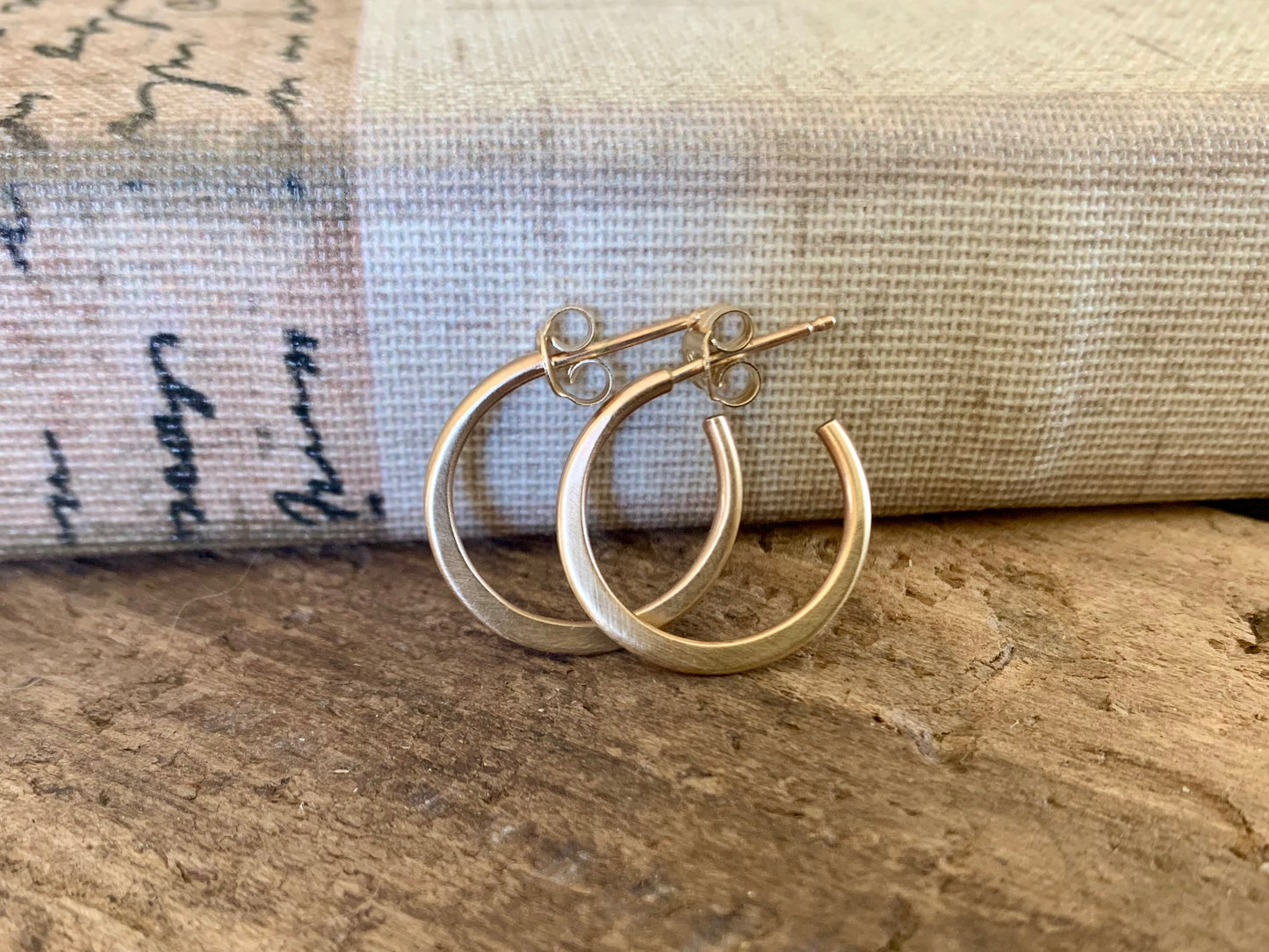 Satin Hoops Thick Gauge Post in 14kt Yellow or Rose Goldfill- Choice of 7 sizes. Handmade. Hammered.