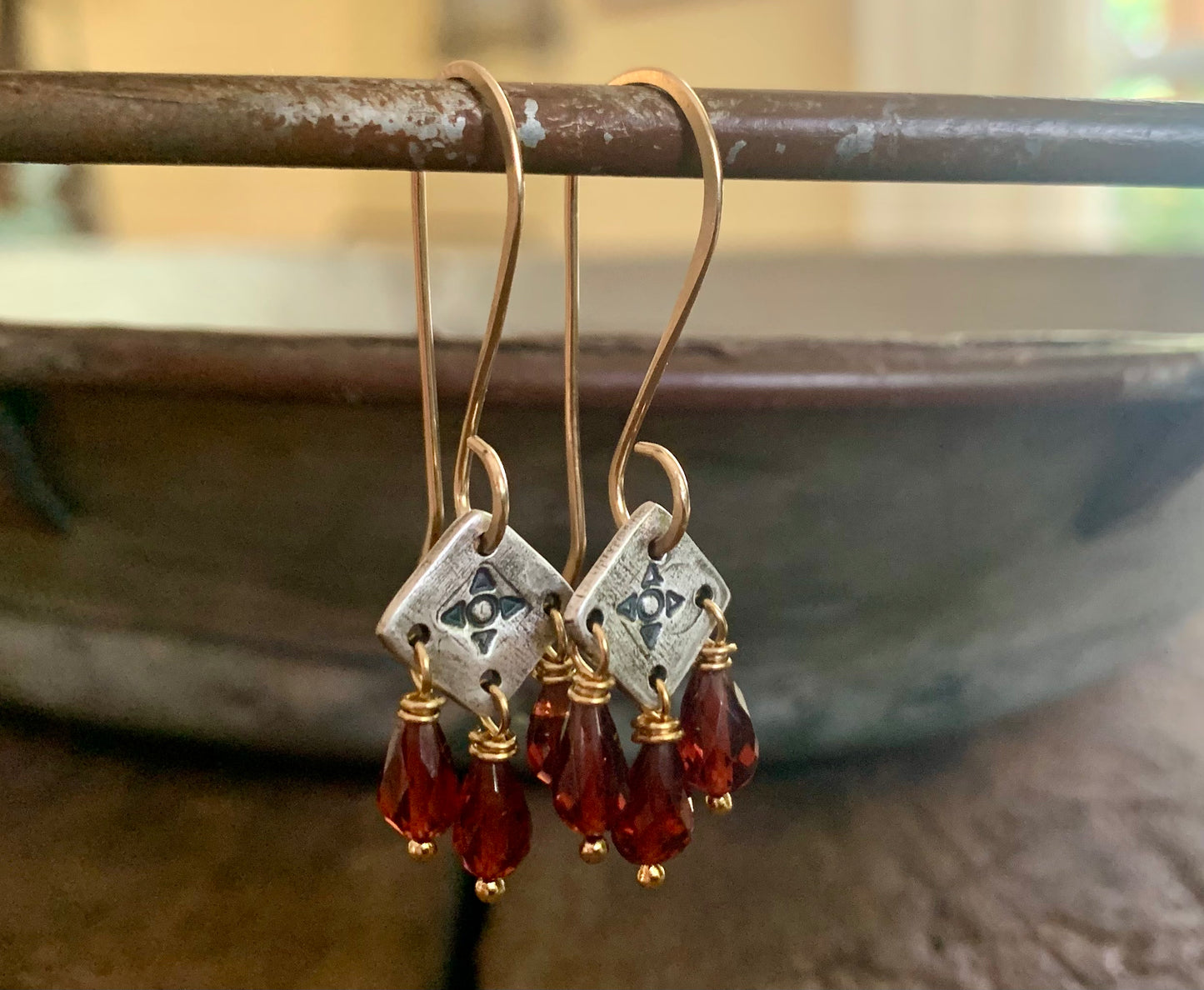 Traveler Earrings - Handmade. Mixed Metal. Garnet. Oxidized Fine Silver &14kt Goldfill dangle earrings. January Birthstone