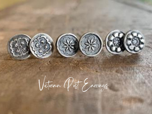 Victorian Stud Earrings Style 2 - Oxidized Sterling & Fine silver post earrings