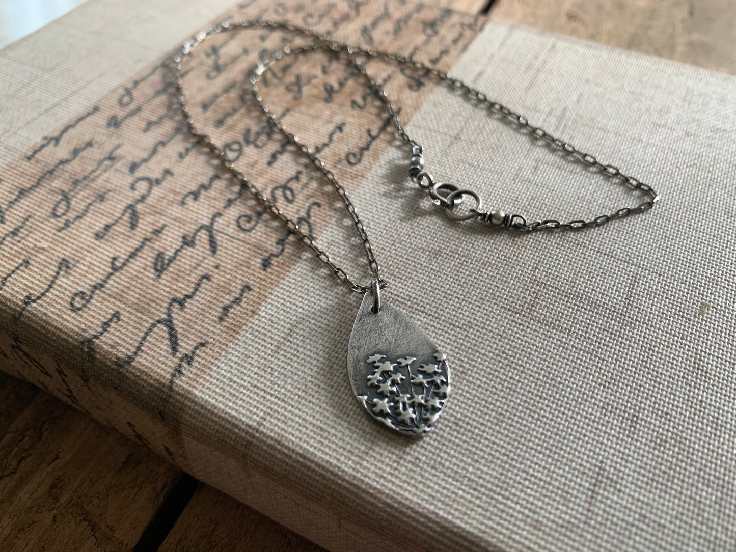Queen Ann's Lace Necklace - Handmade. Oxidized Fine and Sterling Silver Botanical Pendant Necklace