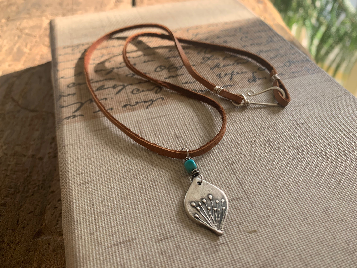NEW Nelipot Necklace - Fine & Sterling Silver. Turquoise. Leather. Handmade. Botanical Pendant
